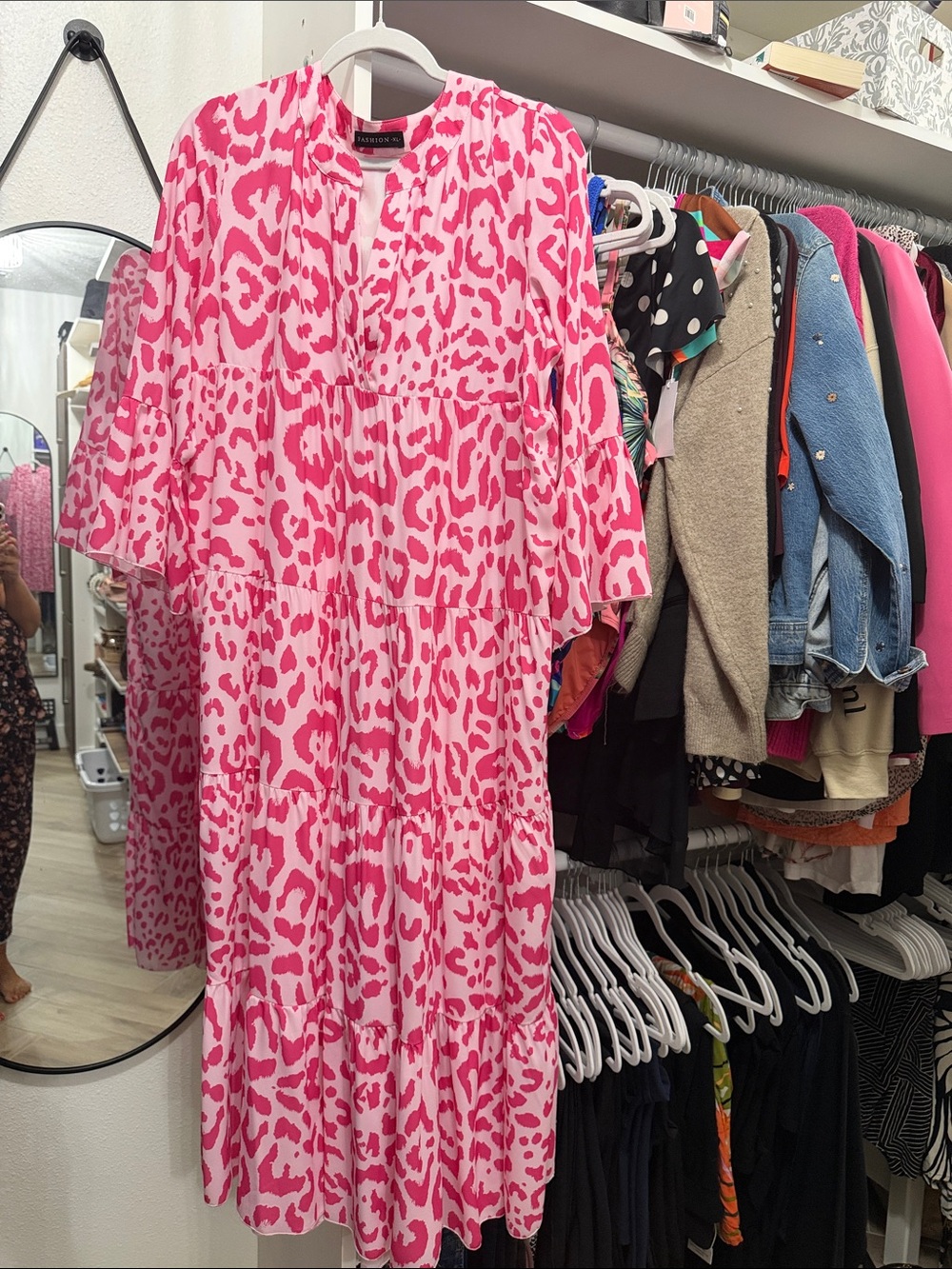 Pink Animal-Print Tiered Midi Dress - Unbranded